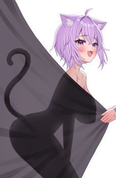 1girl 1other :d absurdres ahoge animal_ears cat_ears cat_girl cat_tail crossed_bangs double-parted_bangs fang hair_between_eyes highres hololive kumoru_(kumoru_145) looking_at_viewer messy_hair nekomata_okayu nude open_mouth purple_eyes purple_hair see-through_silhouette short_hair simple_background skin_fang smile solo_focus tail virtual_youtuber white_background