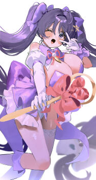 1girl absurdres au_au08 bare_shoulders blush bow breasts choppy_bangs commentary_request cowboy_shot dress elbow_gloves genderswap genderswap_(mtf) genshin_impact gloves grey_thighhighs hair_between_eyes hair_bow hair_ornament heart_wand highres holding holding_wand large_breasts long_hair looking_at_viewer magical_girl one_eye_closed open_mouth purple_bow purple_dress purple_eyes purple_gloves purple_hair red_bow scaramouche_(genshin_impact) simple_background single_thighhigh smile solo star_(symbol) star_hair_ornament thighhighs twintails very_long_hair w w_over_eye wand white_background
