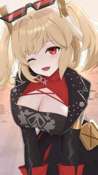 Rule 34 | 1girl, absurdres, anima miko, blonde hair, breasts, burnice white, cleavage, commentary request, eyewear on head, highres, jacket, looking at viewer, lower teeth only, one eye closed, open clothes, open jacket, open mouth, short hair, solo, teeth, zenless zone zero