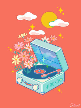 Rule 34 | absurdres, cloud, commentary request, flower, highres, hiro046k, no humans, original, phonograph, pink flower, red background, signature, still life, sun, variant set, vinyl record, yellow flower