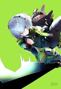 1girl absurdres anby_demara bandana bandana_around_neck bangboo_(zenless_zone_zero) black_gloves black_skirt black_thighhighs braid braided_sidelock commentary eous_(zenless_zone_zero) fingerless_gloves gloves green_background green_jacket green_shoes green_sleeves grey_hair headphones highres holding holding_sword holding_weapon jacket leg_up multicolored_sleeves open_mouth orange_bandana orange_eyes shoes short_hair skirt sleeveless sleeveless_jacket sneakers sword symbol-only_commentary thigh_strap thighhighs weapon zenless_zone_zero zeroartwo