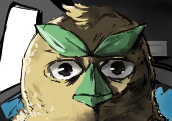 bird browt close-up cyberpunk:_edgerunners cyberpunk_(series) david_martinez face_focus highres looking_at_viewer nintendo no_humans parody pokemon pokemon_(creature) pokemon_focus pun sad solo style_parody wawamachi