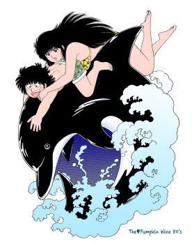 Rule 34 | 1boy, 1girl, animal, aoba shunsuke, asaoka natsumi, barefoot, bikini, black eyes, black hair, breasts, brown eyes, commentary request, copyright name, dolphin, feet up, floral print, floral print bikini, green male swimwear, hand on another's shoulder, happy, height difference, highres, large breasts, leaf print, long hair, male swimwear, miura mitsuru, official artist extra, open mouth, print bikini, print male swimwear, riding, short hair, simple background, smile, swim trunks, swimsuit, teeth, the kabocha wine, topless male, upper teeth only, water, white background, yellow bikini