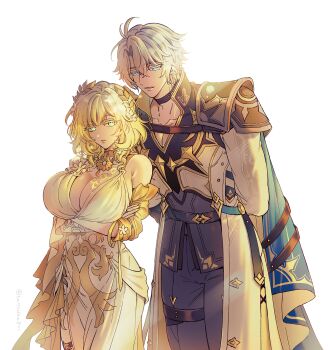 Rule 34 | 1boy, 1girl, aglaea (honkai: star rail), antenna hair, armor, arms behind back, arms up, bare shoulders, black choker, black pants, blonde hair, blue eyes, breast tattoo, breasts, choker, closed mouth, commentary request, cowboy shot, crossed arms, dress, flower, green eyes, hair between eyes, hair flower, hair ornament, height difference, highres, honkai: star rail, honkai (series), huge breasts, leaning forward, looking at viewer, medium hair, pants, parted lips, phainon (honkai: star rail), sansuke801, short hair, shoulder armor, simple background, tattoo, twitter username, white background, white dress, white hair