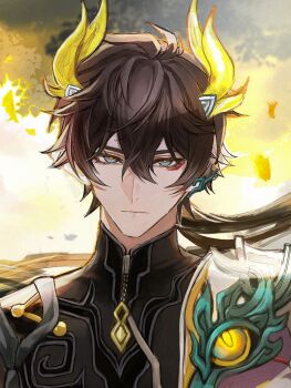 Rule 34 | 1boy, aqua eyes, black shirt, collared shirt, commentary, dan heng (honkai: star rail), dan heng (permansor terrae) (honkai: star rail), double-parted bangs, dragon boy, dragon horns, ear covers, english commentary, eyelashes, eyeliner, floating hair, hair between eyes, highres, honkai: star rail, honkai (series), horns, leaf, long hair, makeup, male focus, official alternate costume, pointy ears, portrait, red eyeliner, shirt, shivaille, single ear cover, solo, upper body, very long hair, yellow horns, zipper, zipper pull tab