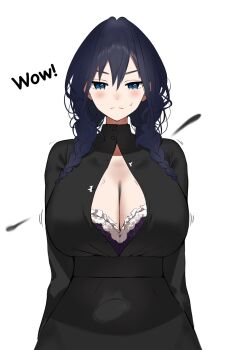 1girl arms_behind_back black_bra black_dress blue_eyes blue_hair blush bra braid breasts bursting_breasts button_gap cleavage closed_mouth cowboy_shot double-parted_bangs dress flying_button frilled_bra frills hair_between_eyes hashtag-only_commentary highres hololive hololive_english huge_breasts long_hair looking_at_viewer mulhubs official_alternate_costume official_alternate_hairstyle ouro_kronii ouro_kronii_(maid) partially_unbuttoned popped_button simple_background small_sweatdrop solo straight-on turtleneck turtleneck_dress twin_braids underwear virtual_youtuber white_background