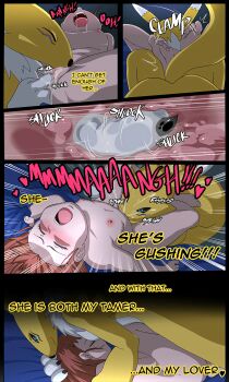 age_difference bad_tag bed comic couple cum cunnilingus digimon digimon_tamers flat_chest interspecies licking loli makino_ruki oral pussy red_hair renamon talking tongue yellow_fur ynot7 yuri