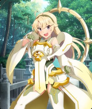 Rule 34 | 1girl, :d, ahoge, architecture, blonde hair, blue eyes, brown hairband, clenched hands, cosplay, cowboy shot, detached sleeves, dot nose, east asian architecture, fighting stance, game cg, gloves, green gloves, hairband, hand up, inubouzaki fuu, inubouzaki fuu (cosplay), kohagura ellen, legs apart, long hair, looking at viewer, magical girl, multicolored gloves, official art, open mouth, railing, smile, solo, stone lantern, striped clothes, striped hairband, teeth, thighhighs, third-party source, toji no miko, toji no miko: kizamishi issen no tomoshibi, tree, two-tone gloves, upper teeth only, white gloves, white sleeves, white thighhighs, yuuki yuuna wa yuusha de aru, yuusha de aru