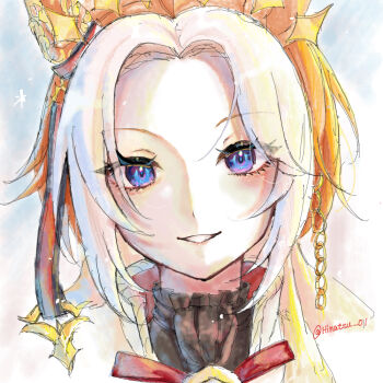 1girl animal_ears black_shirt blonde_hair blue_eyes bow ear_covers ear_ribbon frilled_shirt_collar frills grin horse_ears horse_girl long_hair looking_at_viewer orfevre_(umamusume) parted_bangs parted_lips red_ribbon ri_ri_0818 ribbon shirt simple_background smile solo twitter_username umamusume white_background white_hair