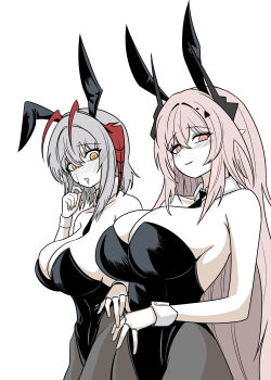 2girls absurdres alternate_breast_size_(larger) animal_ears antenna_hair arknights between_breasts black_horns black_leotard black_necktie black_pantyhose blood blush breasts choebal1356201 cleavage commentary_request detached_collar drooling fake_animal_ears grey_hair hair_between_eyes highres horns huge_breasts jewelry leotard long_hair looking_at_another looking_at_viewer medium_hair mouth_drool multiple_girls multiple_rings necktie necktie_between_breasts nosebleed orange_eyes pantyhose parted_lips pink_eyes pink_hair playboy_bunny pointy_ears rabbit_ears red_horns ring smile strapless strapless_leotard theresa_(arknights) very_long_hair w_(arknights) white_wrist_cuffs wrist_cuffs