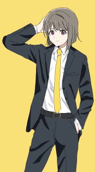 Rule 34 | 1girl, arm up, asymmetrical hair, black jacket, black pants, black suit, bob cut, brown hair, closed mouth, collared shirt, cowboy shot, formal clothes, frown, hand in pocket, hand on own head, highres, inverted bob, jacket, kiruto (artar 12), long sleeves, looking at viewer, love live!, love live! nijigasaki high school idol club, nakasu kasumi, necktie, open clothes, open jacket, pants, pink eyes, shirt, simple background, solo, standing, suit, suit jacket, white shirt, yellow background, yellow necktie