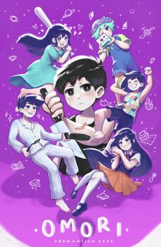Rule 34 | + +, 2024, 2girls, 4boys, absurdres, alternate eye color, antenna hair, arms up, artist name, aubrey (headspace) (omori), aubrey (omori), ball, baseball bat, basil (headspace) (omori), basil (omori), black eyes, black hair, black shoes, black tank top, blue overalls, blue pajamas, blue pants, blue shirt, blush, bow, bright pupils, brother and sister, brothers, camera, checkered clothes, closed mouth, collarbone, collared pajamas, collared shirt, colored skin, commentary, copyright name, double-parted bangs, english commentary, flower, flower wreath, frying pan, green hair, green shirt, hair between eyes, hair bow, head wreath, hero (headspace) (omori), hero (omori), highres, holding, holding ball, holding baseball bat, holding camera, holding frying pan, holding knife, holding spatula, kel (headspace) (omori), kel (omori), knife, long hair, long shirt, looking at viewer, mari (headspace) (omori), mari (omori), multiple boys, multiple girls, neckerchief, omori, omori (omori), open mouth, overall shorts, overalls, own hands clasped, own hands together, pajamas, pants, pink bow, pleated skirt, purple eyes, purple hair, purple shorts, purple sky, purple sweater vest, red neckerchief, red skirt, shirt, shoes, short hair, short sleeves, shorts, siblings, sidelocks, skirt, sky, smile, spatula, striped clothes, striped pajamas, striped pants, sweater vest, t-shirt, tank top, teeth, two-tone pajamas, two-tone pants, upper teeth only, vananalien, vertical-striped clothes, vertical-striped pajamas, vertical-striped pants, white pajamas, white pants, white pupils, white shirt, white skin