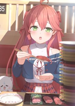 1girl 35p_(sakura_miko) absurdres ahoge alternate_costume blush chopsticks food green_eyes highres holding holding_chopsticks hololive kaai_yuu long_hair looking_at_viewer open_mouth pink_hair sakura_miko solo sushi very_long_hair virtual_youtuber