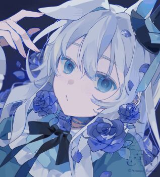 1girl ameyui_komori animal_ears arm_up black_background black_bow black_bowtie black_hat blue_bow blue_eyes blue_flower blue_petals blue_rose blue_shirt bow bowtie buttons closed_mouth colored_eyelashes commentary double-parted_bangs english_commentary eyes_visible_through_hair fingernails flower frilled_shirt frills hair_between_eyes hair_flower hair_ornament hat hat_bow hat_tip highres long_hair long_sleeves looking_at_viewer mini_hat mini_top_hat original portrait pout puffy_sleeves rabbit_ears rabbit_girl rose shirt sidelocks simple_background solo top_hat twitter_username white_hair