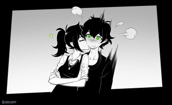 1boy 1girl absurdres aierlaobo andrew_graves black_hair black_sweater black_vest collarbone crossed_arms dress_shirt green_eyes greyscale highres jewelry kiss kissing_cheek messy_hair monochrome mother_and_son necklace open_collar renee_graves shirt short_hair sleeves_rolled_up sweater sweater_vest the_coffin_of_andy_and_leyley vest