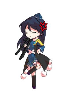 1girl anger_vein black_socks blue_dress blue_hair blue_shoes chibi chibi_only closed_eyes coat commentary_request dairi dress frilled_dress frills full_body gem geta hat holding holding_tripod iizunamaru_megumu kneehighs large_variant_set long_hair pointy_ears pom_pom_(clothes) purple_shoes ribbon_trim shoes shoulder_guard simple_background sleeveless sleeveless_coat socks solo standing standing_on_one_leg tachi-e tengu tengu-geta tokin_hat touhou transparent_background tripod variant_set