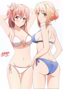 2girls armpits ass bikini blue_bikini breasts cleavage commentary_request dated from_behind hair_bun large_breasts looking_at_viewer mother_and_daughter multiple_girls navel orange_eyes orange_hair sakayaya short_hair simple_background single_hair_bun single_side_bun stomach swimsuit white_background white_bikini yahari_ore_no_seishun_lovecome_wa_machigatteiru. yuigahama_yui yuigahama_yui&#039;s_mother