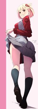 1girl ass black_socks blonde_hair breasts brown_shoes clothes_lift commentary_request dress dress_lift from_behind full_body good_ass_day grey_dress highres looking_at_viewer lycoris_recoil lycoris_uniform medium_breasts nii_manabu nishikigi_chisato red_dress red_eyes shoes short_hair smile socks solo teeth thighs two-tone_background two-tone_dress