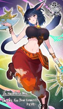 Rule 34 | 1girl, :q, animal ears, bare arms, bell, bilingual commentary, black eyes, black tube top, blue hair, boots, braid, breasts, brown boots, cat ears, cat girl, cat tail, closed mouth, collar, commentary, commission, english commentary, facial mark, full body, hand up, highres, holding, holding weapon, jewelry, large breasts, looking at viewer, matsumoto tomoyohi, mixed-language commentary, multiple rings, navel, neck bell, original, pants, red collar, red pants, ring, short hair, skeb commission, solo, star (symbol), star facial mark, stomach, strapless, tail, tongue, tongue out, tube top, weapon