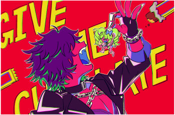 &gt;_&lt; 1boy 1girl arm_up border bow candy carrying carrying_person chain chocolate chocolate_bar claw_ring collar colorful commentary_request covered_eyes drill_hair fangs fingerless_gloves food gloves hair_bow highres idol_land_pripara jacket katasumi_amari lau_(laustar30) long_hair long_sleeves mario_(pripara) mini_person minigirl nervous_sweating open_clothes open_jacket open_mouth pectorals pretty_series pripara profile red_background short_hair sweat twin_drills twintails upper_body white_border