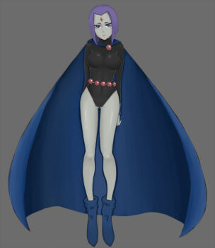 1girl aiemu animification bare_legs belt bindi boots cape colored_skin dc_comics expressionless female_focus flying forehead_jewel frown full_body gem grey_background grey_skin leotard purple_eyes raven_(dc) short_hair sleeved_leotard solo teen_titans