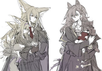 Rule 34 | 4girls, animal ears, arknights, character request, fox ears, fox girl, fox tail, highres, long hair, mother and daughter, multiple girls, multiple tails, ningjiu 9, penance (arknights), suzuran (arknights), tail, vulpisfoglia (arknights), wolf ears, wolf girl, wolf tail