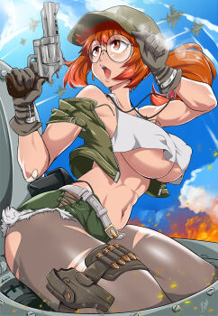 1girl :o abs aircraft airplane areola_slip ass bandaid bare_shoulders baseball_cap bayeuxman belt breasts covered_erect_nipples crop_top cutoffs fighter_jet fio_germi fire from_below glasses gloves green_shorts gun handgun hat hat_tip heart heart_necklace heart_pendant highres holster jacket jewelry large_breasts looking_up medium_hair metal_slug military military_jacket military_vehicle motor_vehicle navel necklace off_shoulder open_clothes open_jacket open_mouth outdoors pantyhose pantyhose_under_shorts ponytail red_eyes red_hair revolver round_eyewear sagging_breasts shorts sidelocks signature sky soldier solo_focus stomach tank tank_top thick_thighs thigh_holster thighs thong toned torn_clothes torn_pantyhose underboob weapon white_belt white_tank_top