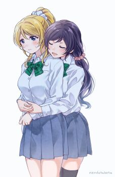 Rule 34 | 2girls, artist name, ayase eli, black legwear, blonde hair, blue eyes, blue skirt, blush, bow, bowtie, closed eyes, collared shirt, dress shirt, frown, green neckwear, hair ornament, hair scrunchie, highres, hug, hug from behind, long hair, long sleeves, love live!, love live! school idol project, low twintails, miniskirt, multiple girls, open mouth, pink scrunchie, pleated skirt, ponytail, purple hair, scrunchie, shirt, sidelocks, simple background, skirt, smile, striped bow, striped bowtie, striped clothes, striped neckwear, surufuji, sweatdrop, thighhighs, tojo nozomi, twintails, u u, white background, white scrunchie, white shirt, yuri