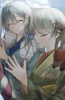 2girls 59ena624 :3 ^_^ blue_bow blue_hair blue_kimono blush bow closed_eyes closed_mouth cloud cloudy_sky commentary day ear_blush english_commentary facing_another floral_print flower from_side fur-trimmed_kimono fur_trim furisode green_kimono grey_hair hair_between_eyes hair_bow hair_flower hair_ornament hatsumoude highres hinomori_shiho hinomori_shizuku japanese_clothes kimono kouhaku_nawa long_hair long_sleeves mixed-language_commentary multiple_girls new_year obi outdoors own_hands_together palms_together parted_lips praying print_kimono profile project_sekai raised_inner_eyebrows rope sash shimenawa short_hair siblings sidelocks sisters sky smile stuffed_animal stuffed_horse stuffed_toy upper_body very_short_hair wide_sleeves