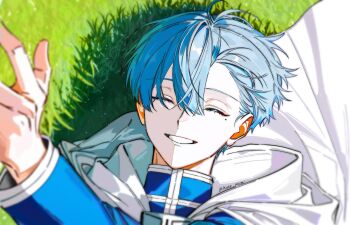 1boy absurdres blue_hair cloak commentary_request grin hair_between_eyes highres himmel_(sousou_no_frieren) hrak_mumi lying male_focus on_back on_grass short_hair smile solo sousou_no_frieren twitter_username white_cloak