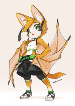 1girl ammunition_pouch animal_ears artist_name bat_ears bat_wings black_claws cargo_pants child claws dust:_an_elysian_tail earrings facial_mark fang fangs fidget_(dust:_an_elysian_tail) flat_chest furry furry_female gradient_background green_eyes head_tilt highres hoop_earrings jewelry looking_at_viewer looking_down midriff navel orange_fur pants pouch shirt shoes short_hair signature simple_background sleeveless sleeveless_shirt sneakers solo tank_top tassel tyson_tan white_fur wings