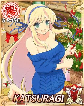 1girl :d ahoge barefoot blonde_hair blue_ribbon blue_sweater border breasts card_(medium) character_name christmas_tree cleavage confetti game_cg green_eyes hair_ribbon holding holding_party_popper katsuragi_(senran_kagura) large_breasts leg_up long_hair looking_at_viewer official_art open_mouth party_popper ribbon senran_kagura senran_kagura_new_wave sleeveless sleeveless_sweater smile solo streamers stuffed_animal stuffed_toy sweater teddy_bear third-party_source very_long_hair