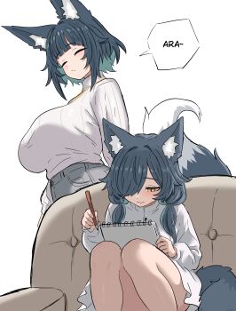 2girls absurdres animal_ear_fluff animal_ears aqua_hair ayako_(ishinabe_art) blunt_bangs blush breasts chiyoko_(ishinabe_art) closed_eyes colored_inner_hair commentary couch dress english_commentary grey_pants hair_over_one_eye highres huge_breasts ishinabe_art jewelry knees_up looking_at_another looking_at_object low_twintails mature_female medium_hair multicolored_hair multiple_girls navel necklace on_couch original pants ribbed_sweater short_hair simple_background sitting speech_bubble sweater sweater_tucked_in tail thick_thighs thighs turtleneck turtleneck_sweater twintails white_background white_dress white_sweater wolf_ears wolf_girl wolf_tail yellow_eyes