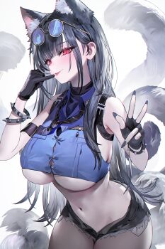 1girl :p \m/ absurdres animal_ear_fluff animal_ears black_gloves black_hair black_nails black_necktie black_shorts blue-tinted_eyewear blue_shirt blush bracelet breasts button_gap buttons cat_ears cat_girl cat_tail cleavage closed_mouth collared_shirt commentary covering_own_mouth crop_top cutoffs extra_ears eyewear_on_head fingerless_gloves fingernails gloves gradient_hair hair_between_eyes hand_over_own_mouth hands_up highres jewelry large_breasts long_fingernails long_hair looking_at_viewer micro_shorts midriff muaooooo multicolored_hair multiple_tails nail_polish navel necktie original pen red_eyes round_eyewear shirt shorts shoulder_strap sidelocks simple_background single_fingerless_glove sleeveless sleeveless_shirt slit_pupils smile solo spiked_bracelet spikes standing striped_clothes striped_necktie tail thighs tinted_eyewear tongue tongue_out underboob v very_long_hair white_background white_hair