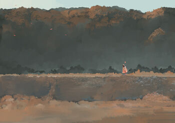 1girl backpack bag bangqiao_yan black_hair blue_sky clear_sky day falling_leaves flag hat jacket leaf mini_person minigirl mountainous_horizon original outdoors reflection reflective_liquid river scenery shore short_hair sky solo walking