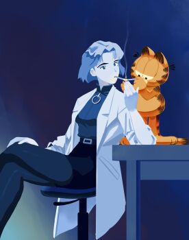 1boy 1girl absurdres akagi_ritsuko artist_request black_shirt blonde_hair blouse blue_background blue_theme breasts cat chair cigarette crossover desk earrings expressionless garfield garfield_(character) gradient_background high_collar highres jewelry lab_coat looking_back medium_breasts mole mole_under_eye neon_genesis_evangelion office_chair orange_fur pantyhose shirt simple_background sitting smoking swivel_chair what