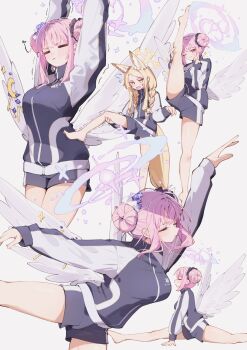 2girls absurdres alternate_costume angel_wings animal_ears barefoot blonde_hair blue_archive blue_buruma braid buruma closed_eyes closed_mouth commentary_request double_bun feathered_wings flower flying_sweatdrops fox_ears fox_girl fox_tail front_sitting_split gradient_halo gym_shirt gym_uniform hair_bun hair_flower hair_ornament hair_scrunchie halo highres holding_own_leg long_hair long_sleeves low_twin_braids low_wings mika_(blue_archive) mika_(track)_(blue_archive) multicolored_halo multiple_girls multiple_views one_eye_closed open_mouth pink_hair pink_halo purple_flower scrunchie seia_(blue_archive) shirt shuca_ca simple_background sparkle split spread_wings standing standing_on_one_leg standing_split stretching tail tiptoes trembling twin_braids v white_background wing_ornament wings yellow_eyes yellow_halo