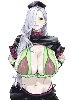 1girl bikini black_shrug blue_eyeshadow blue_lips breasts cleavage closed_mouth commentary eyeliner eyeshadow fate/grand_order fate_(series) florence_nightingale_(fate) florence_nightingale_(trick_or_treatment)_(fate) gloves green_bikini green_gloves hair_over_one_eye hat highres large_breasts layered_bikini long_hair looking_at_viewer makeup mrs._snake_(fate) navel nurse_cap pale_skin purple_bikini revealing_clothes shrug_(clothing) simple_background slit_pupils solo sweat swimsuit symbol-only_commentary tonko_from white_background white_hair yellow_eyes