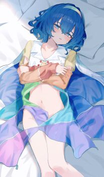 Rule 34 | 1girl, absurdres, blue cape, blue eyes, blue hair, cape, commentary, cowboy shot, dress, hair between eyes, hairband, highres, kaminose (user veum4325), long sleeves, looking at viewer, lying, multicolored dress, multicolored hairband, navel, no panties, on back, parted lips, pillow, rainbow gradient, short hair, solo, stomach, tenkyuu chimata, touhou