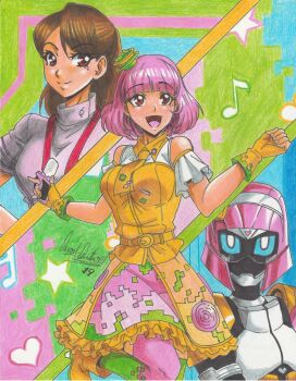 Rule 34 | 2019, 3girls, absurdres, armor, artist name, bare shoulders, belt, boots, brown eyes, brown hair, fingerless gloves, gloves, hair ornament, helmet, highres, kamen rider, kamen rider ex-aid (series), kamen rider poppy, karino asuna, long skirt, mole, mole under eye, multiple girls, necktie, pink hair, ponytail, poppi pipopapo, ravernclouk design, short hair, skirt, sweater, thighhighs, traditional media, turtleneck, turtleneck sweater