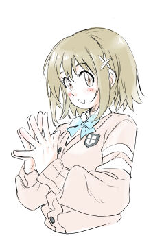 Rule 34 | 1girl, blue bow, blue bowtie, blush, bow, bowtie, brown hair, buttons, cardigan, commentary request, cropped torso, eyelashes, grin, hair ornament, hands up, happy, highres, idolmaster, idolmaster cinderella girls, long sleeves, medium hair, mimura kanako, own hands together, simple background, smile, solo, steepled fingers, u4 99384295, upper body, white background