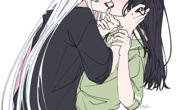 Rule 34 | 2girls, a jak, black hair, black shirt, blush, cho kaguya-hime!, colored inner hair, green shirt, hand on another's face, highres, imminent kiss, multicolored hair, multiple girls, open mouth, pink hair, runami yachiyo, sakayori iroha, shirt, simple background, smile, sweat, twitter username, white background, white hair, yuri