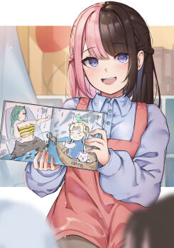 1girl 2others :d absurdres aizawa_ema animal animal_on_head animal_print apron bikini bird bird_on_head blue_eyes blue_shirt book breasts brown_hair brown_pantyhose collared_shirt cone_horns cosplay dog fur_bikini half_updo highres horns kindergarten_teacher large_breasts long_hair lum lum_(cosplay) monkey multicolored_hair multiple_others on_head open_book open_mouth pantyhose picture_book pink_apron pink_hair purple_eyes ringozeri shirt small_horns smile solo_focus split-color_hair strapless strapless_bikini striped_horns swimsuit tachibana_hinano tiger_print urusei_yatsura virtual_youtuber vspo! yakumo_beni yellow_bikini