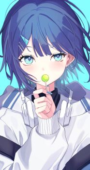 1girl absurdres aqua_background blue_eyes blue_hair blue_nails candy commentary food headphones headphones_around_neck highres holding holding_candy holding_food holding_lollipop hood hooded_jacket jacket lollipop long_sleeves nekotora_(nekotora0116) original portrait short_hair simple_background solo symbol-only_commentary upper_body white_jacket