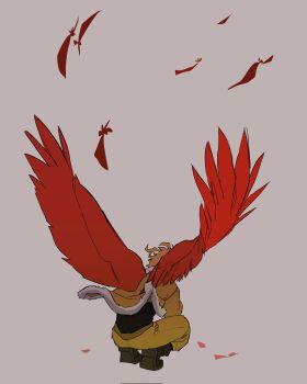 1boy backupnha blonde_hair boku_no_hero_academia falling_feathers feathered_wings feathers from_behind fur-trimmed_jacket fur_trim grey_background hawks_(boku_no_hero_academia) highres jacket male_focus pants red_wings solo squatting wings yellow_jacket yellow_pants