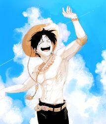 Rule 34 | 1boy, ^ ^, arms up, belt, black hair, black shorts, bracelet, c a k e, closed eyes, cloud, commentary request, elbow pads, highres, jewelry, korean commentary, male focus, necklace, one piece, open mouth, orange belt, pearl necklace, portgas d. ace, short hair, shorts, single elbow pad, sky, smile, solo, topless male