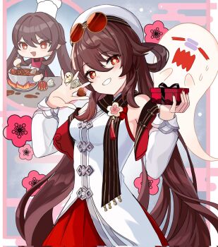 Rule 34 | 1girl, bare shoulders, between fingers, boo tao (genshin impact), box, breasts, brown hair, candy, chef hat, cherry blossoms, chinese clothes, chocolate, chocolate heart, chocolate making, commentary request, cowboy shot, detached sleeves, dress, eyewear on head, flower-shaped pupils, food, genshin impact, gift, gift box, hair between eyes, hat, heart, heart-shaped food, highres, holding, holding gift, hu tao (cherries snow-laden) (genshin impact), hu tao (genshin impact), kima (jp4g6kfhb842057), long hair, long sleeves, looking at viewer, official alternate costume, red-tinted eyewear, red eyes, red nails, round eyewear, small breasts, smile, sunglasses, symbol-shaped pupils, tinted eyewear, twintails, valentine, white hat