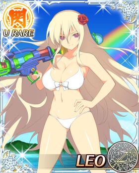 1girl aquarius_(symbol) aries_(symbol) bare_shoulders barefoot bikini blonde_hair border breasts cancer_(symbol) capricorn_(symbol) card_(medium) character_name cleavage closed_mouth cowboy_shot dodecagram english_text flower front-tie_bikini_top front-tie_top gemini_(symbol) gluteal_fold groin hair_between_eyes hair_flower hair_ornament hand_on_own_hip holding holding_water_gun large_breasts leo_(senran_kagura) leo_(symbol) libra_(symbol) linea_alba long_hair looking_at_viewer mountainous_horizon navel ocean official_art pisces_(symbol) purple_eyes rainbow sagittarius_(symbol) school_emblem scorpio_(symbol) senran_kagura senran_kagura_new_wave senran_kagura_peach_beach_splash shiny_skin skindentation smile solo sparkle standing swimsuit taurus_(symbol) toy_gun underboob v-shaped_eyebrows very_long_hair virgo_(symbol) water water_gun white_bikini yaegashi_nan zodiac_wheel