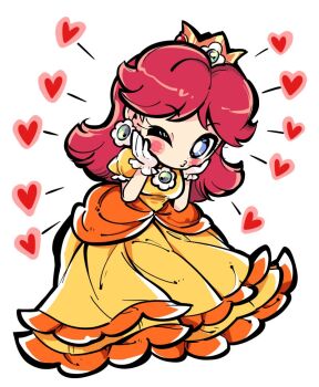 1girl blue_eyes brown_hair cindysuke crown dress earrings flower_earrings gloves heart jewelry long_hair mario_(series) nintendo one_eye_closed orange_dress princess_daisy puffy_short_sleeves puffy_sleeves short_sleeves white_background white_gloves