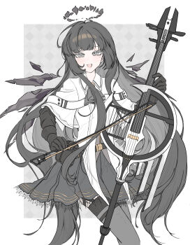 1girl :d arknights ascot black_ascot black_eyes black_gloves black_hair black_halo black_skirt black_thighhighs border bow_(music) bright_pupils commentary_request cowboy_shot detached_wings gloves grey_background halo highres holding holding_bow_(music) holding_instrument instrument lace lace-trimmed_skirt lace_trim light_blush long_hair looking_at_viewer mole mole_under_eye nrk_(user_epnw5554) open_mouth outside_border pleated_skirt pouch shirt skirt smile solo standing thighhighs very_long_hair virtuosa_(arknights) white_border white_pupils white_shirt wing_collar wings